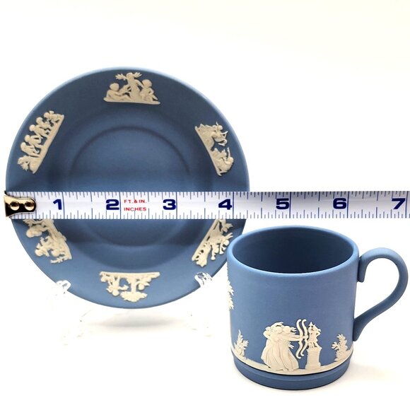 WEDGWOOD Vintage Blue Jasperware Tea Cup and Saucer Neoclassical Demitasse - Picture 10 of 10